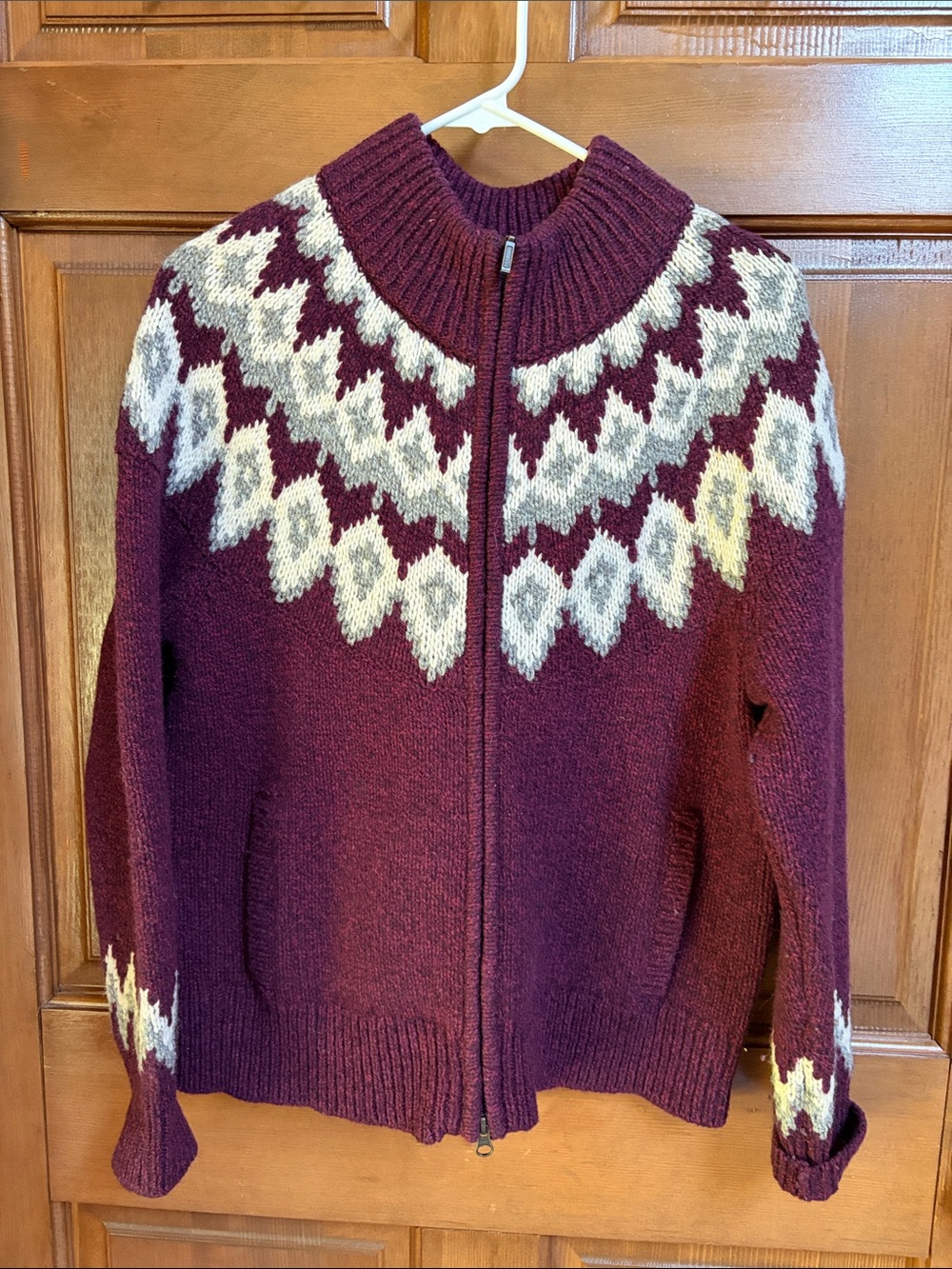 LL Bean Lambswool Women's Zip-Front Maroon Fair Isle Sweater Size Large Petite